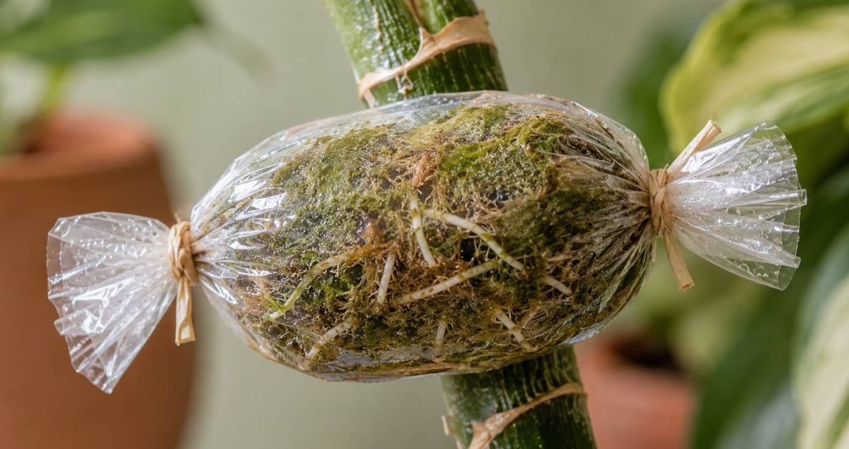 A houseplant stem wrapped in a moss ball with roots forming inside