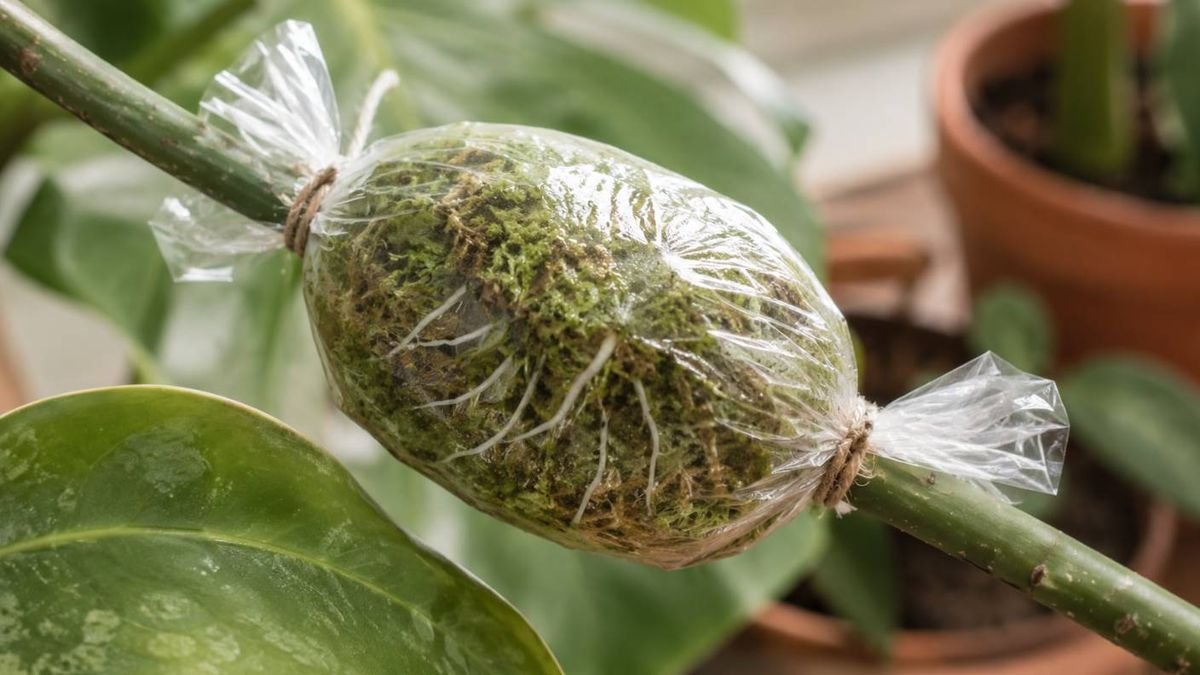 A stem wrapped in moss and plastic with roots forming inside