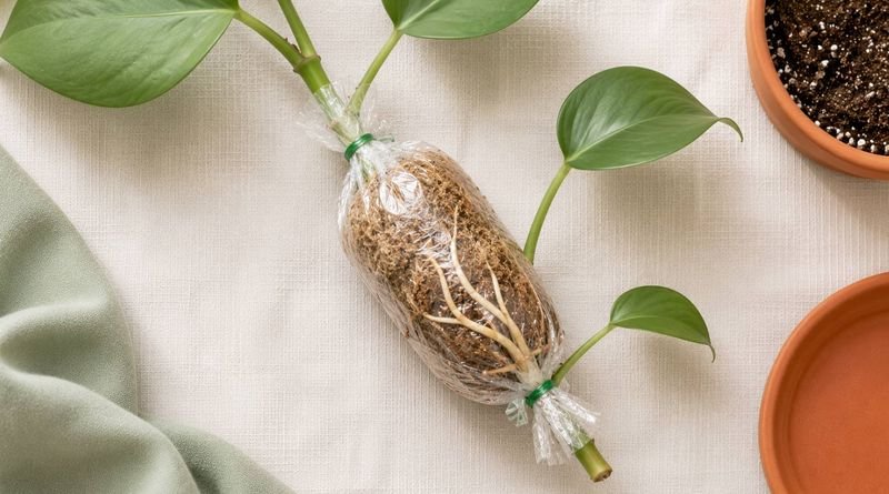 A stem wrapped in moss and plastic for air layering