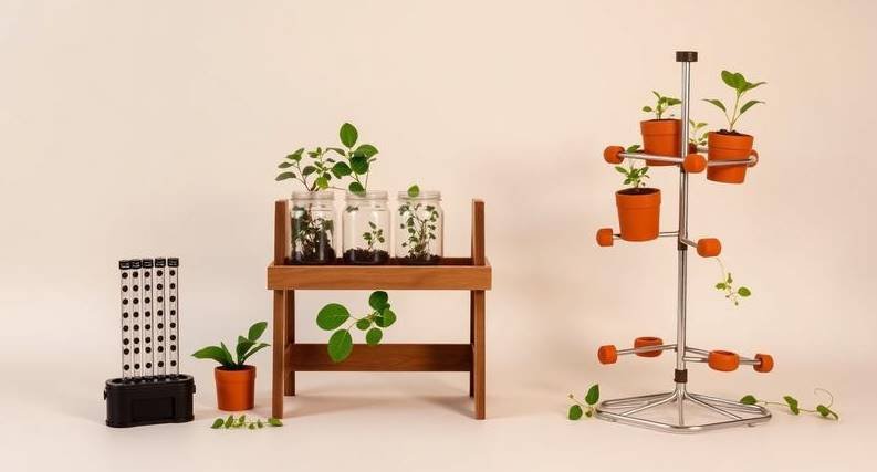 Three propagation stations from small to large holding cuttings