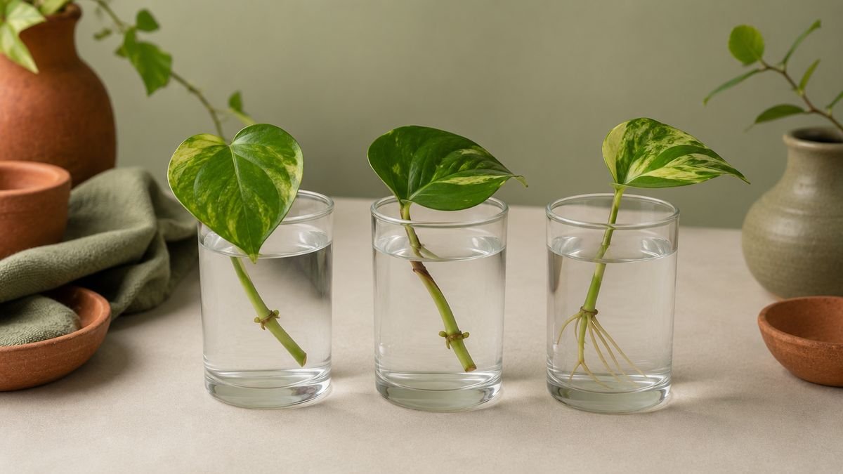 Three glasses of different water each holding a cutting