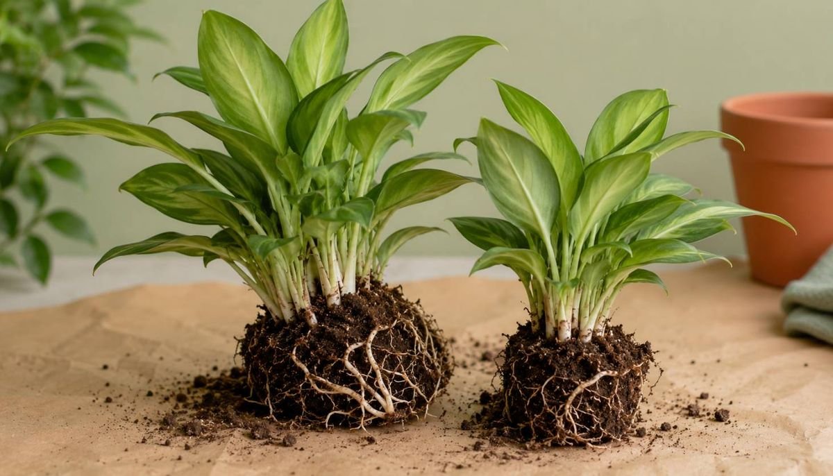 A clumping plant divided into two rooted sections on kraft paper