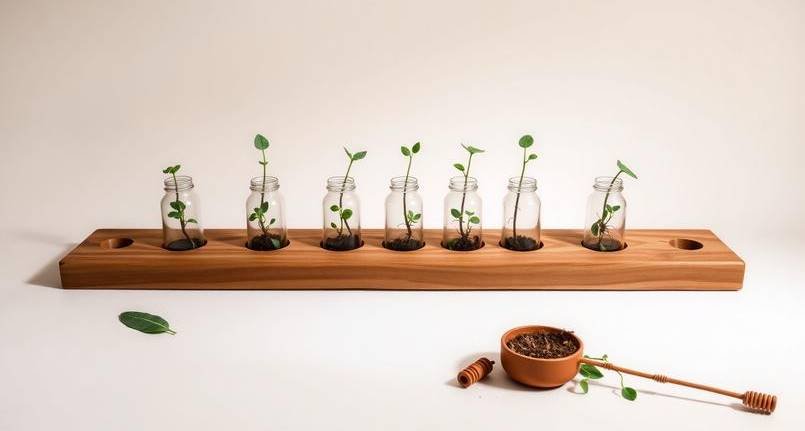 A handmade wooden-board station holding repurposed bottles with cuttings