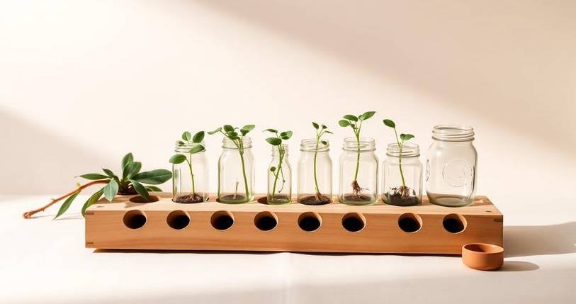 A handmade wooden board holding repurposed bottles with cuttings