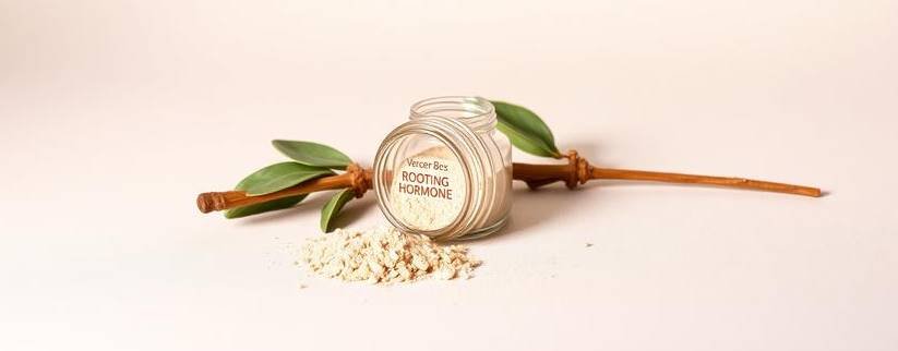 A woody stem being dipped into a jar of rooting hormone powder