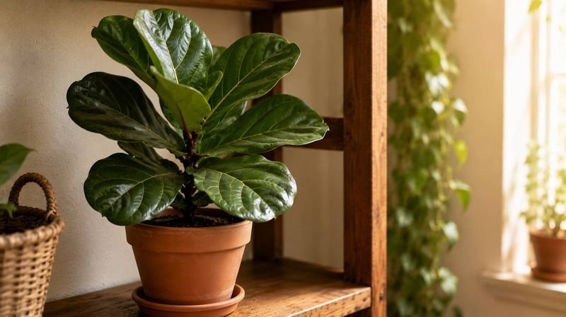 A potted fiddle leaf fig with glossy leaves
