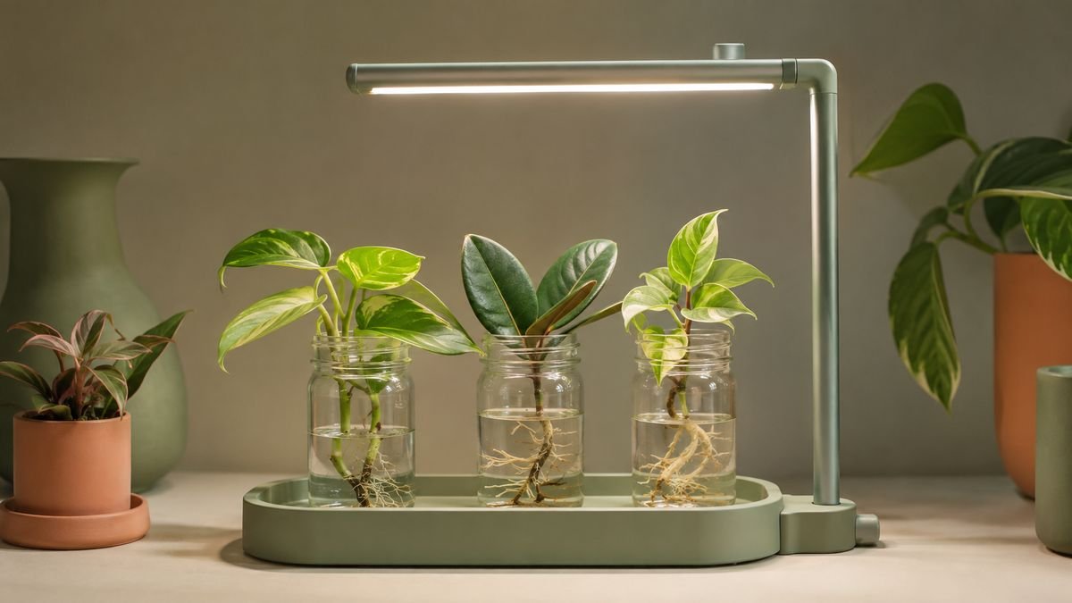 A small LED grow light angled over a tray of cuttings in jars