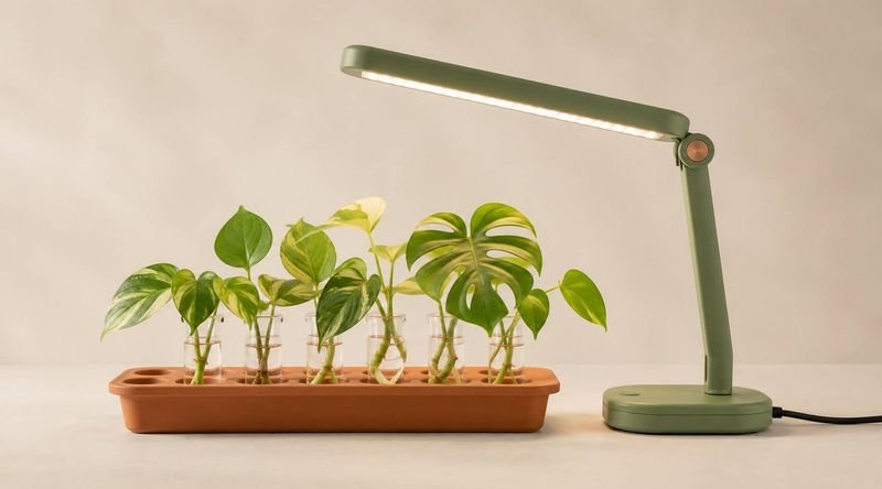 A small LED grow light over a tray of cuttings