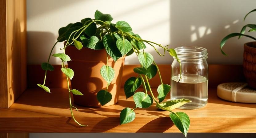 A pothos plant and a fresh cutting beside a jar on a wooden shelf