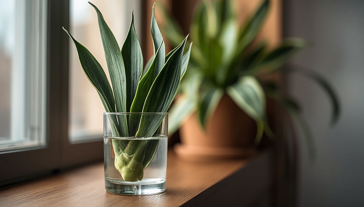 Snake plant leaf sections rooting in a glass on a wooden shelf