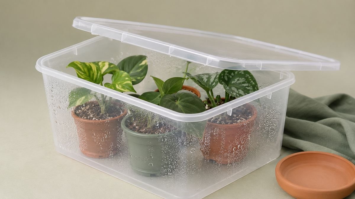 A clear tub humidity box with cuttings and light condensation