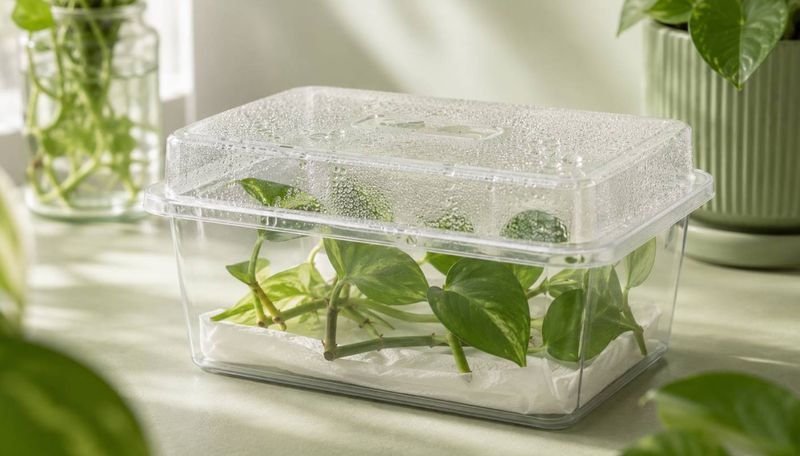 Clear humidity box holding cuttings with condensation on the lid
