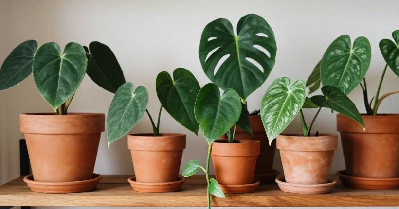 Several philodendron varieties with one vine being cut at a node