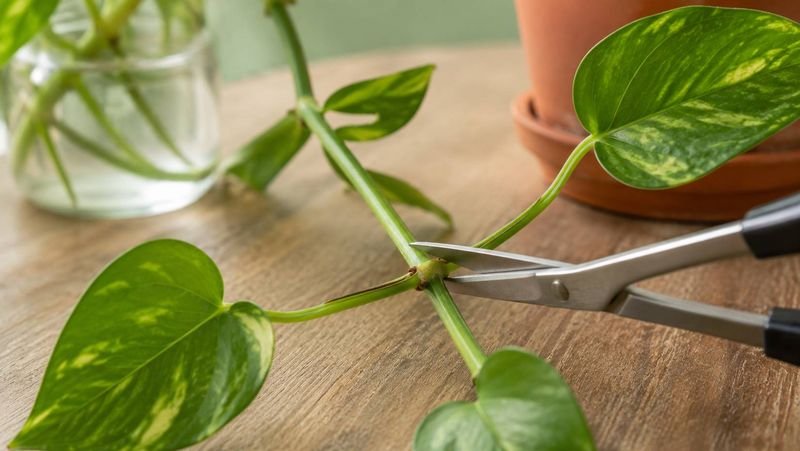Pothos vine being cut at a node for propagation