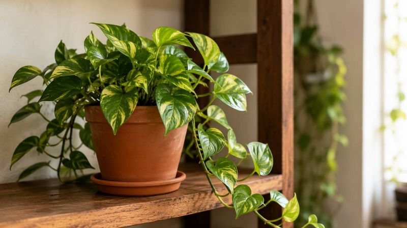 A potted pothos with trailing variegated leaves