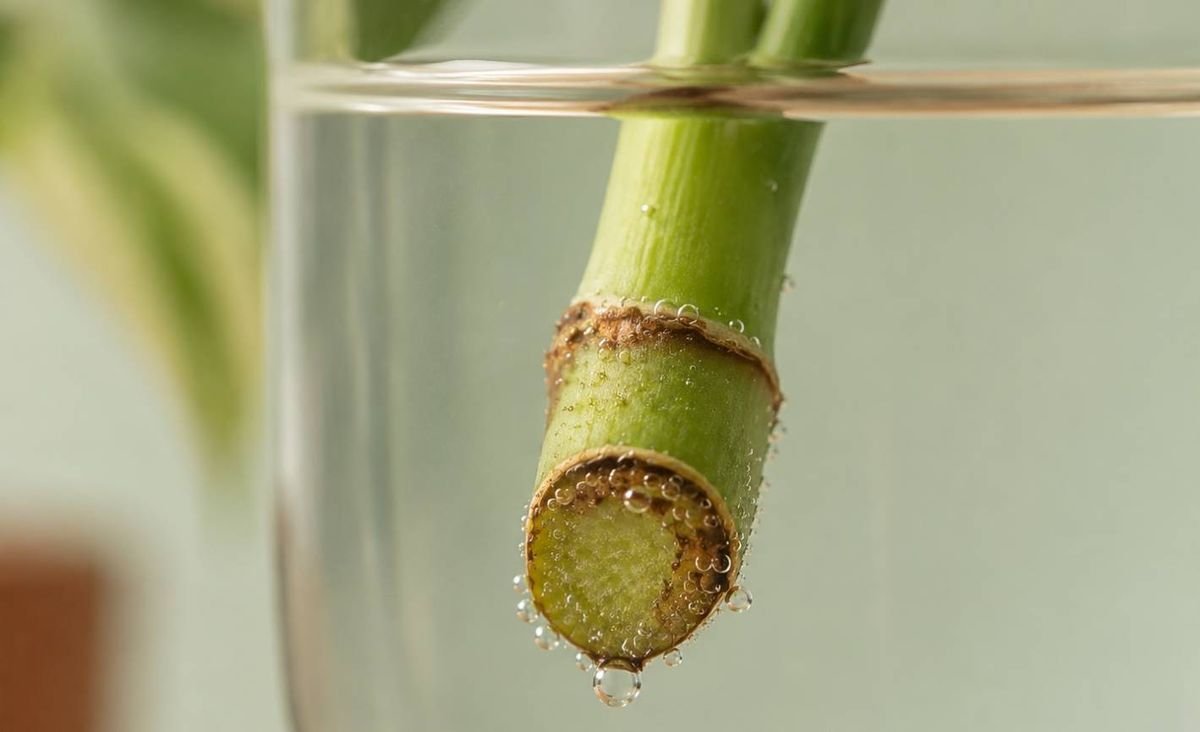 Macro close-up of a cutting's cut end in water