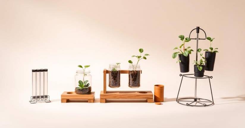 Three propagation stations from small to large holding cuttings