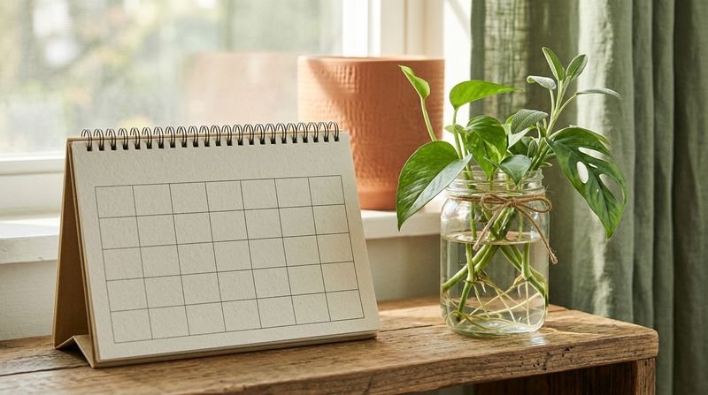 A jar of rooting cuttings beside a calendar