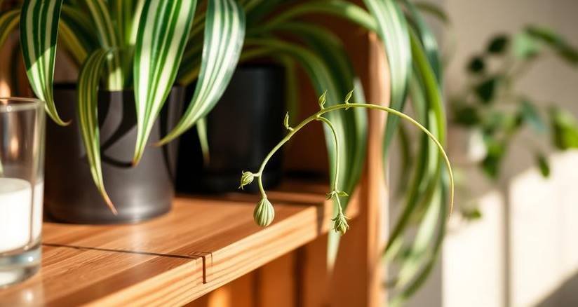 A spider plant with a runner and a plantlet baby beside a glass