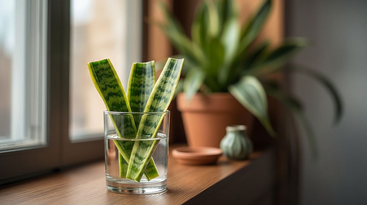 Snake plant leaf sections standing in a glass of water