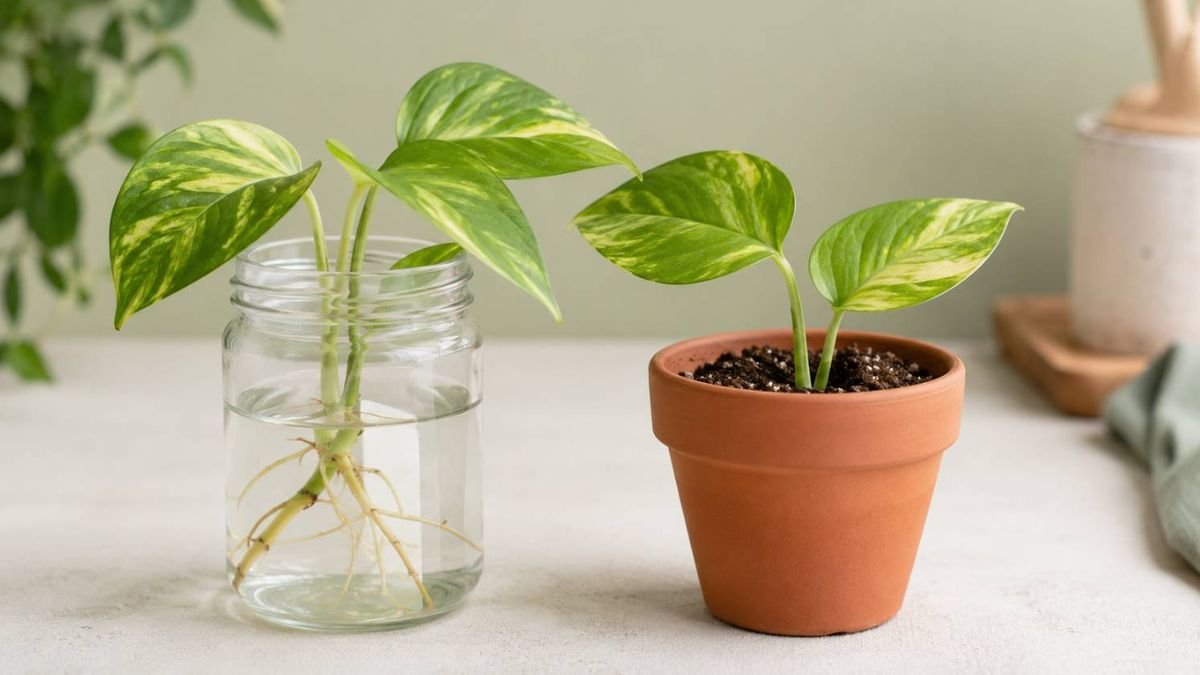 A water-rooted cutting on the left and a soil-rooted cutting on the right