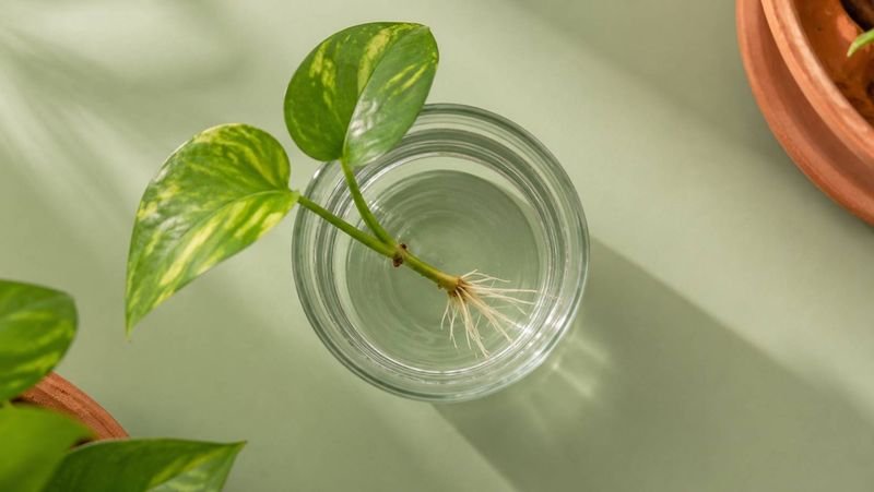 Pothos cutting rooting in a glass of water beside a small pot of soil