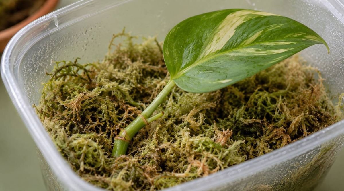 A cutting nestled in damp sphagnum moss in a clear tub