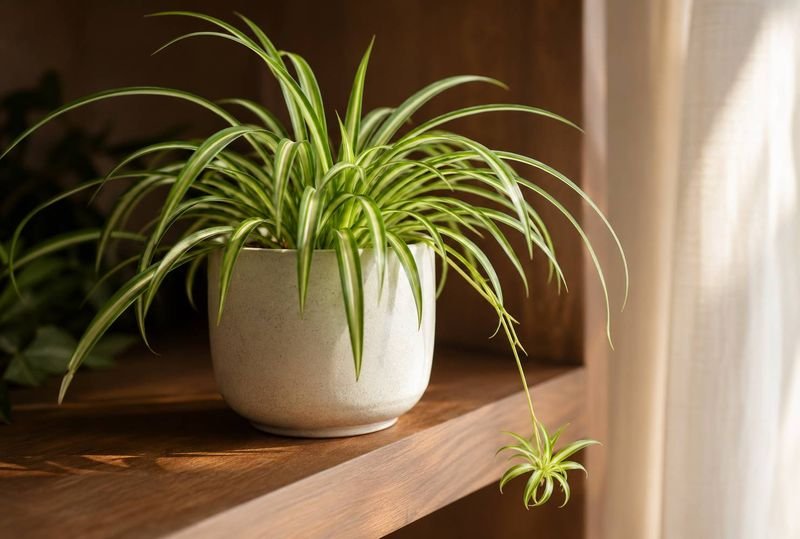 A spider plant with a dangling plantlet baby