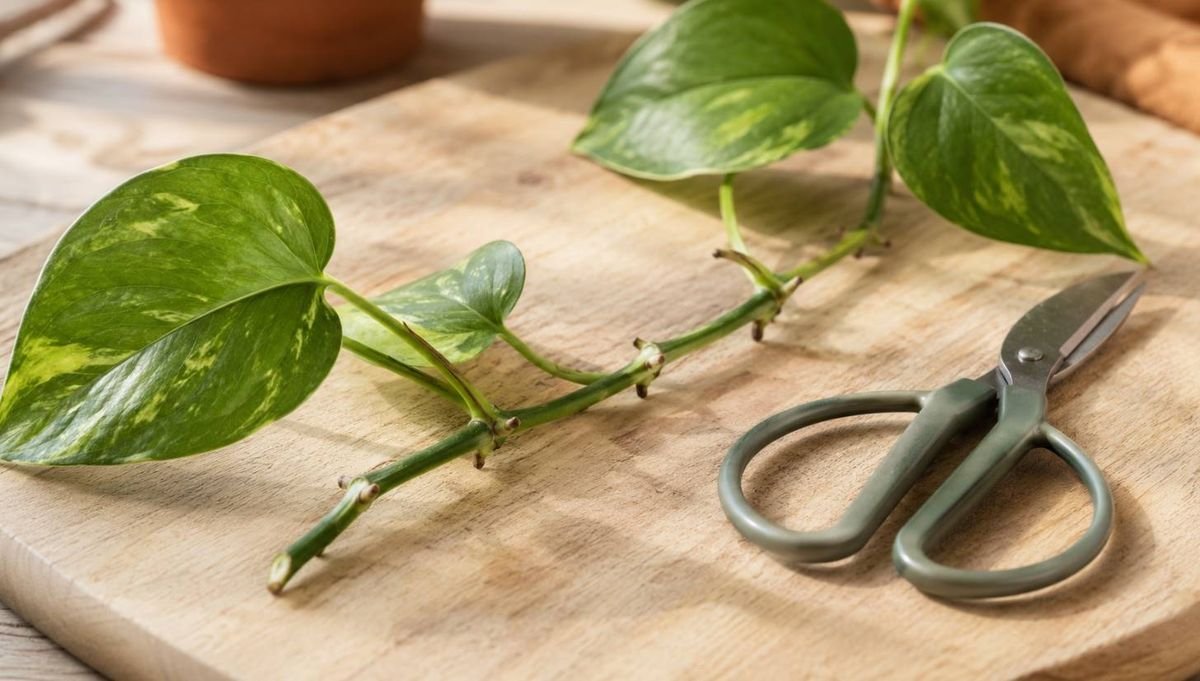 A pothos vine on a wooden board with nodes visible and scissors alongside