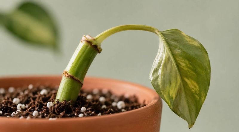 Close-up of a newly potted cutting drooping slightly