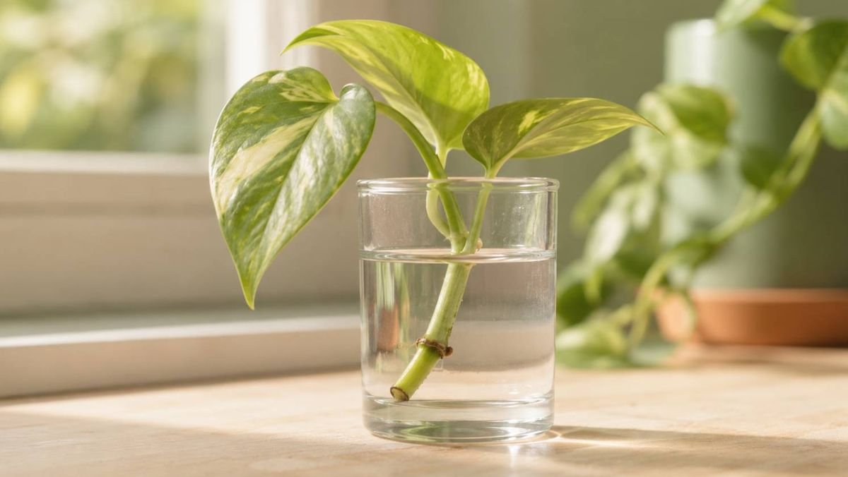 A pothos cutting in a jar with the node below the waterline and leaves above