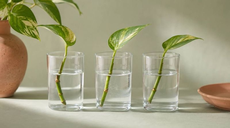 Three glasses of different water types each holding a cutting