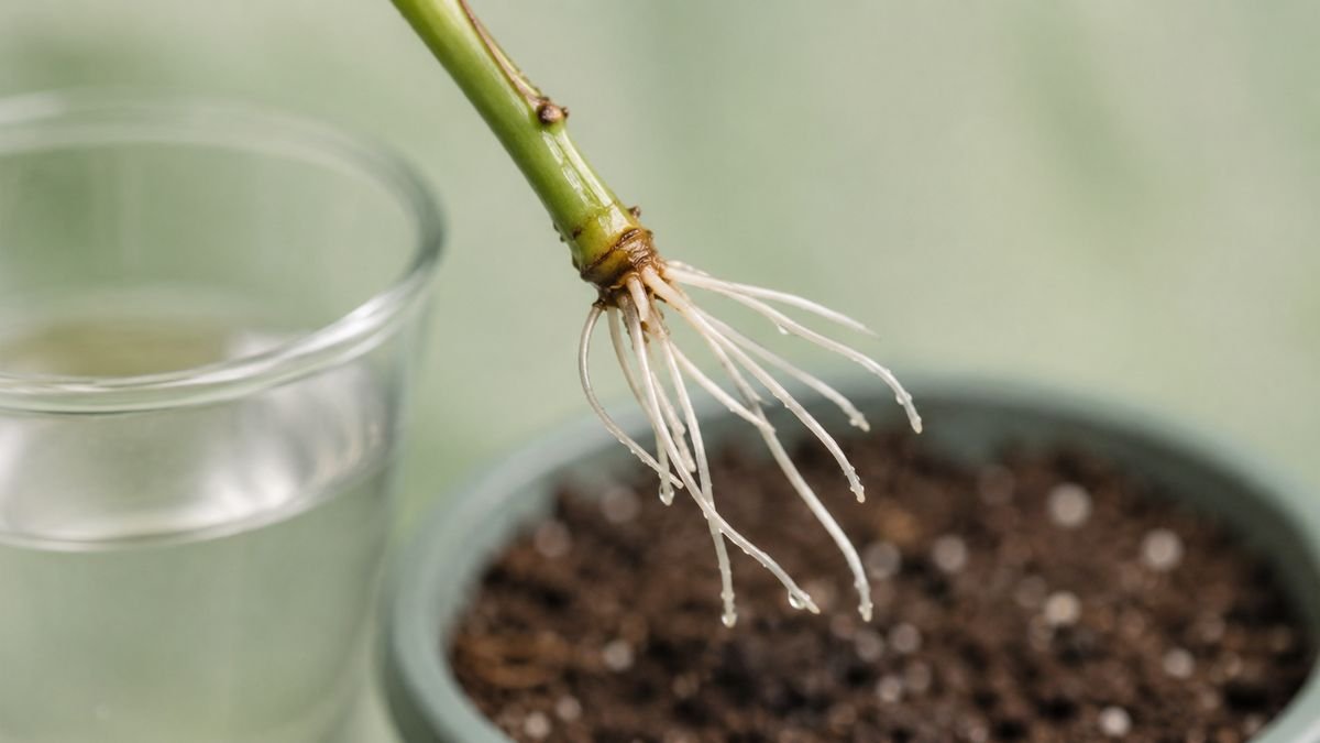 A cutting with one to two inch roots ready to pot up