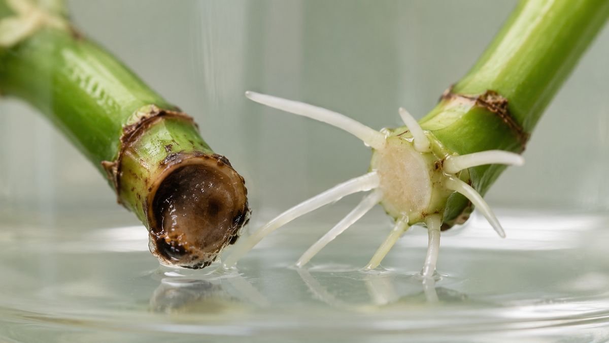 A rotting cutting end beside a firm healthy rooted one